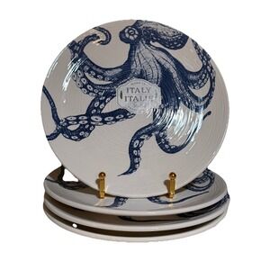 Set of 4 Ceramicheitalia 8" Blue Octopus Salad Plates, Handworked in Italy